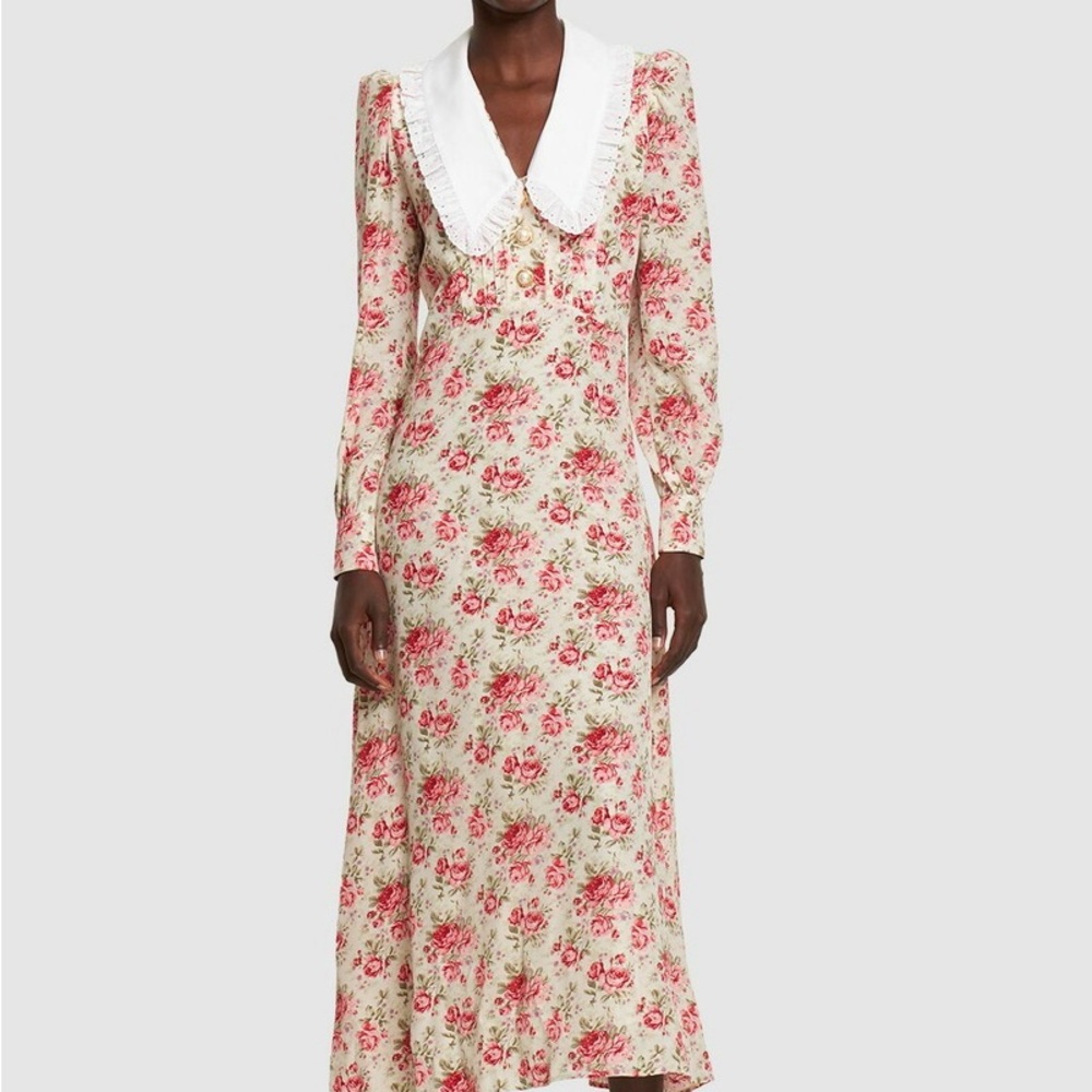 ALESSANDRA RICH - Printed Silk Twill Midi Dress W/ Collar